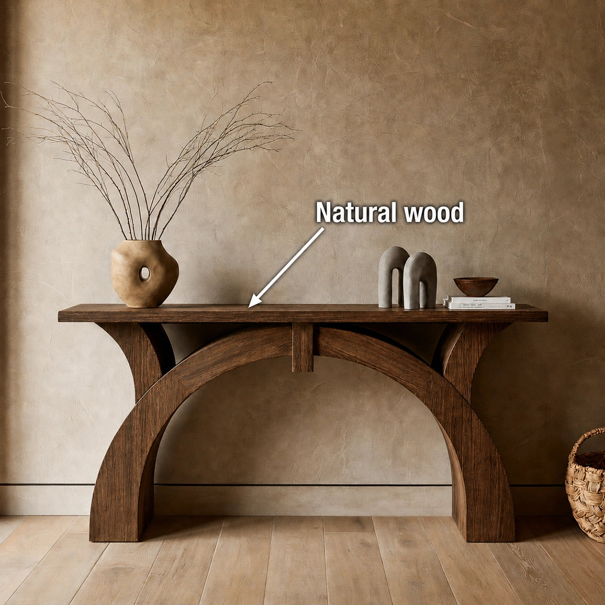 Arched Natural Solid Wood Console Table for Entryway and Hallway