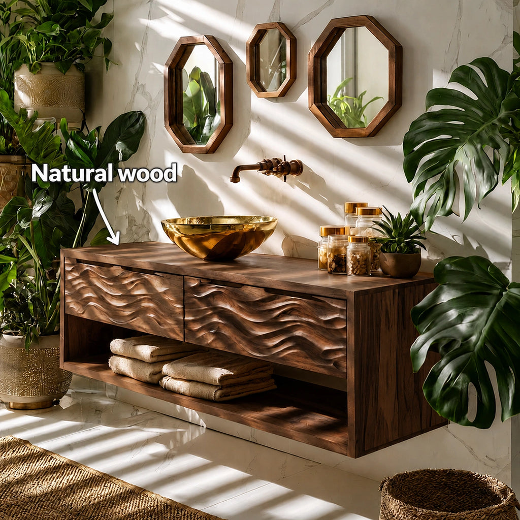Natural Solid Wood Floating Bathroom Vanity with 2 Drawers and Open Shelf