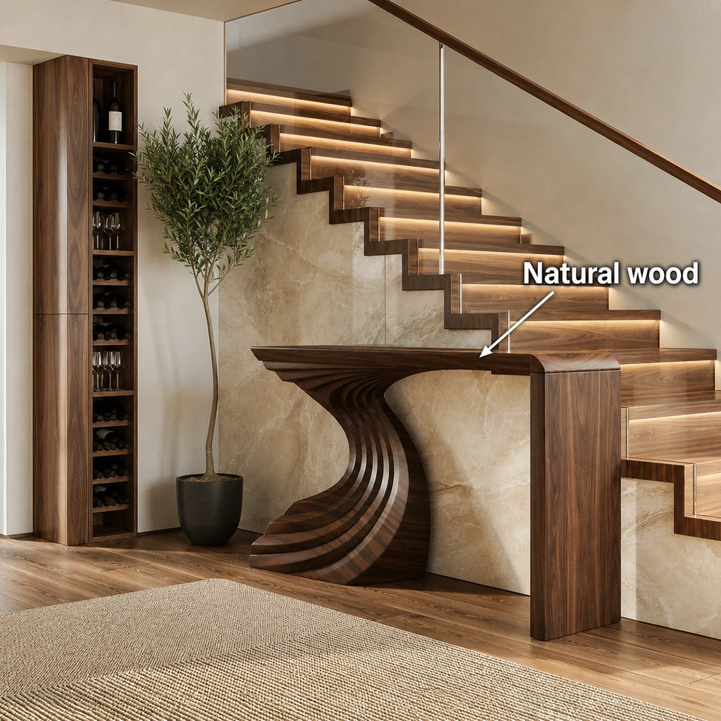 Sculptural Wave Base Natural Solid Wood Console Table for Entryways