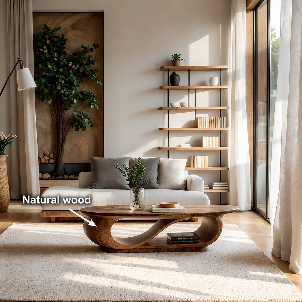 Natural Solid Wood Oval Coffee Table with Sculptural Loop Base and Lower Shelf