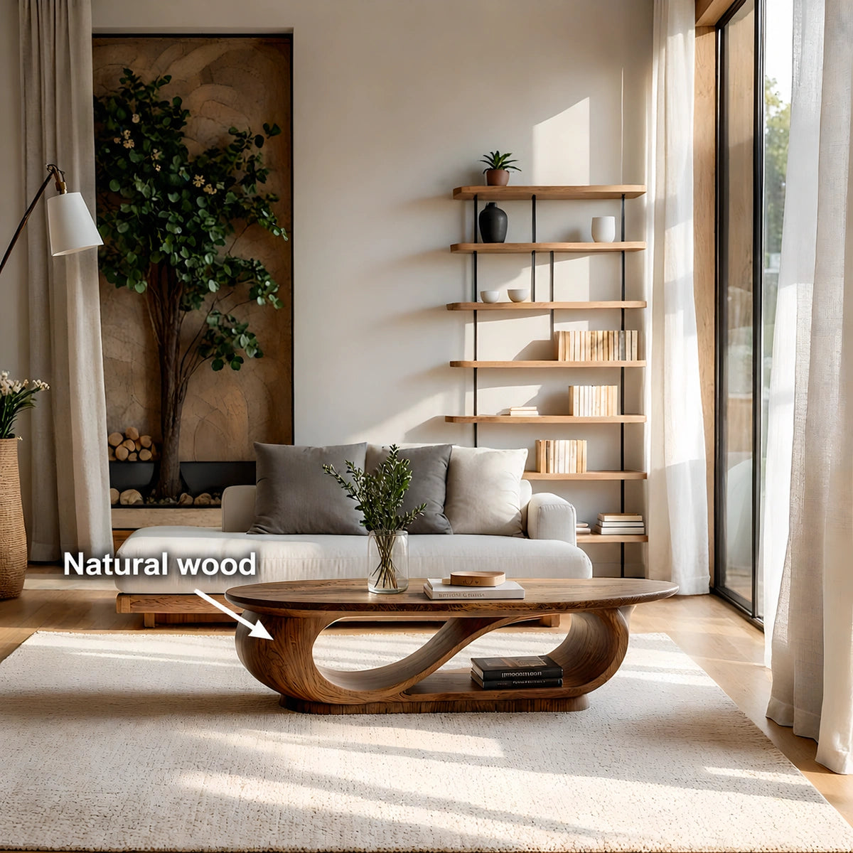 Natural Solid Wood Oval Coffee Table with Sculptural Loop Base and Lower Shelf