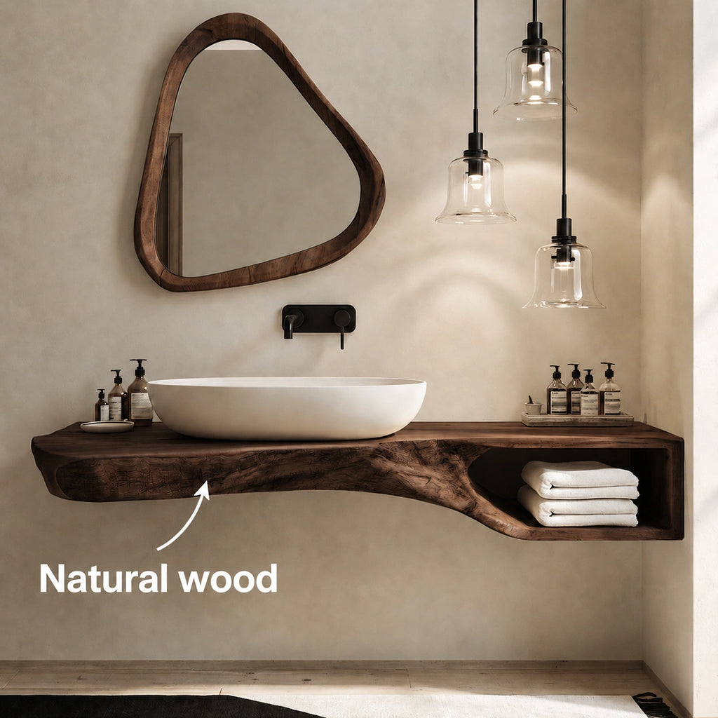 Natural Solid Wood Floating Bathroom Vanity with Open Towel Shelf