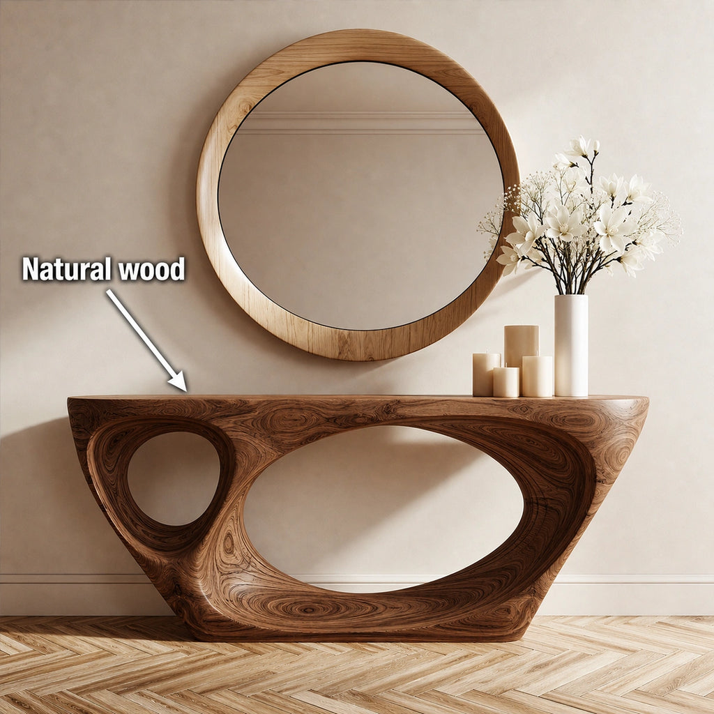 Organic Void Natural Solid Wood Console Table with Sculptural Open Base
