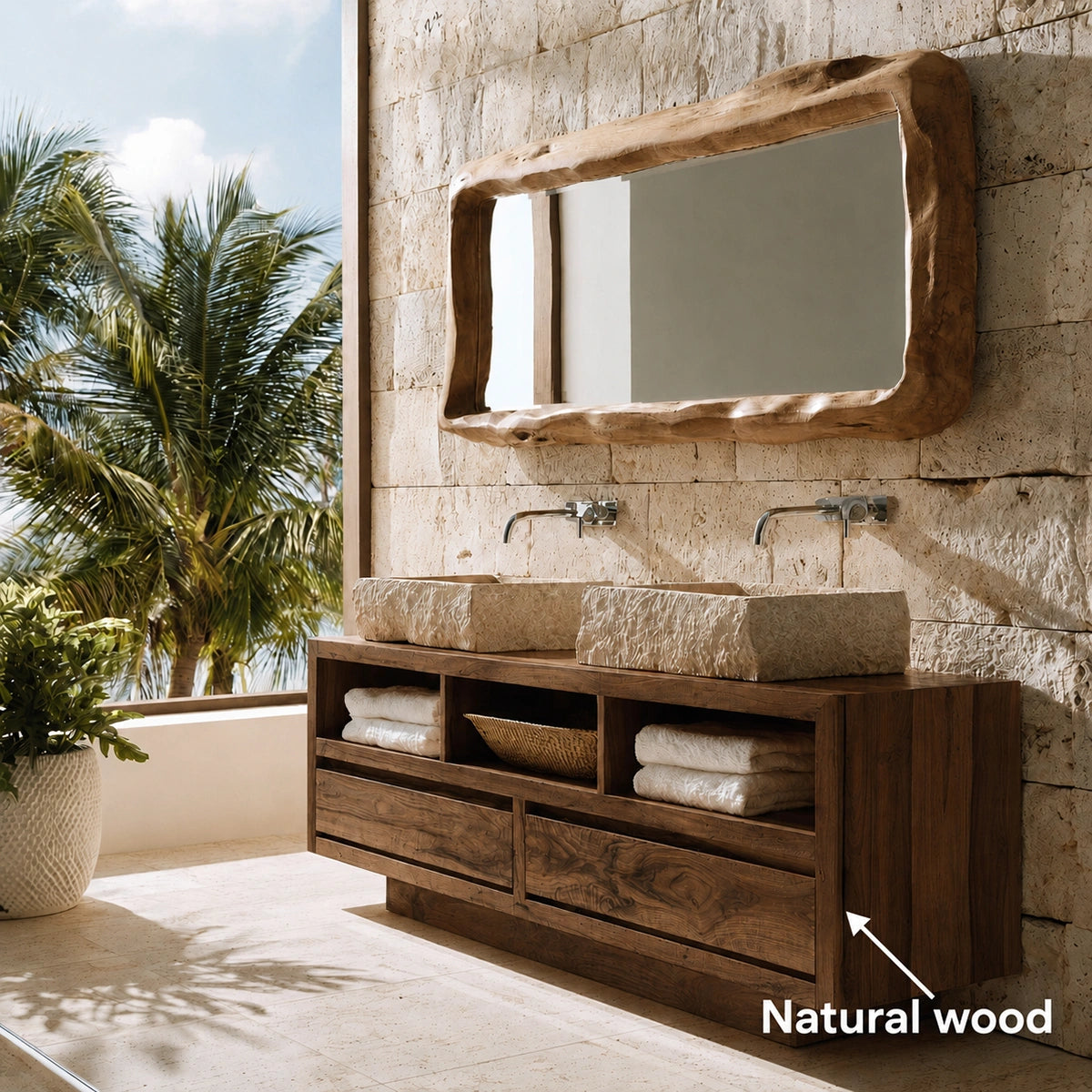 Natural Solid Wood Bathroom Vanity with 2 Drawers and 3 Open Shelves