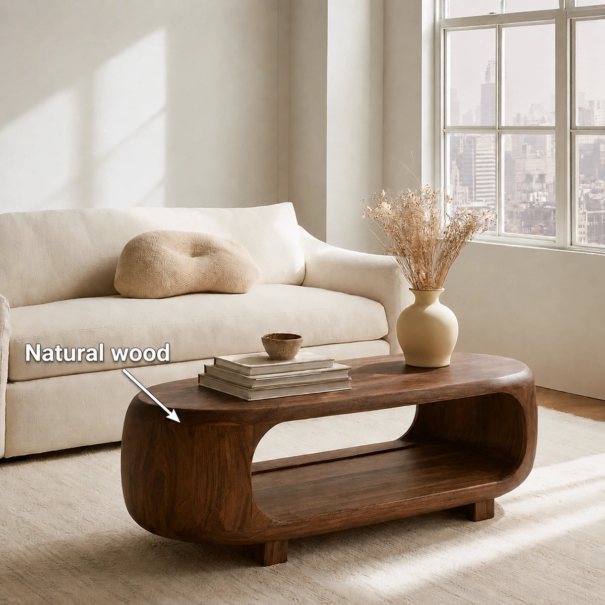 Natural Solid Wood Coffee Table – Rounded Japandi Modern Style