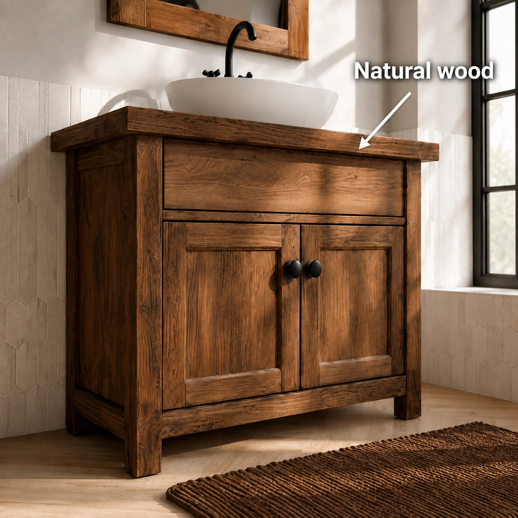 Natural Solid Wood Bathroom Vanity with Drawer and 2 Doors – Rustic Style