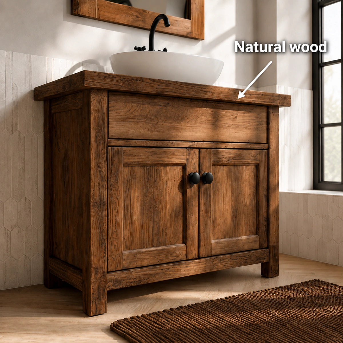 Natural Solid Wood Bathroom Vanity with Drawer and 2 Doors – Rustic Style