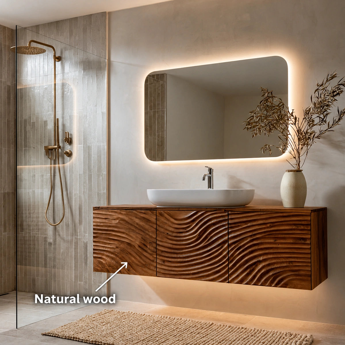 Natural Solid Wood Bathroom Cabinet – Sculpted Wave Modern Style