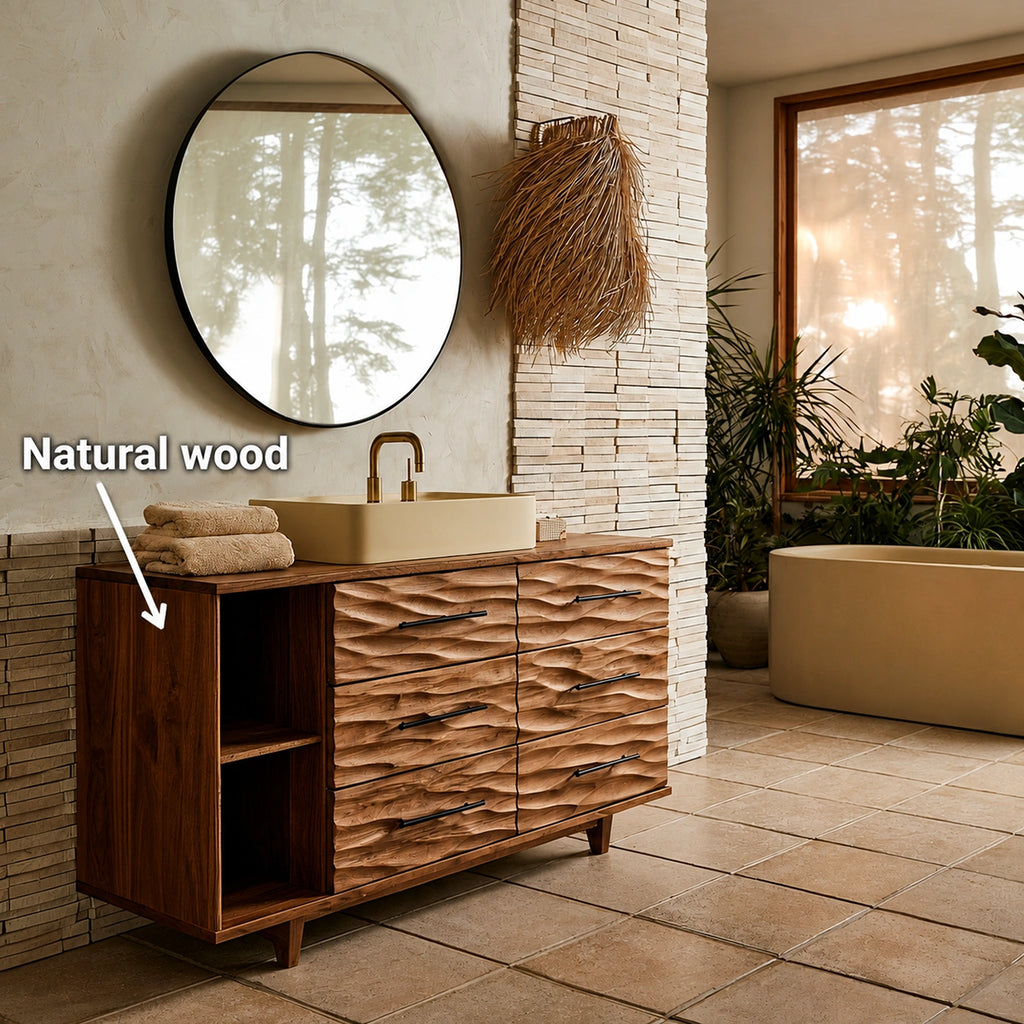 Natural Solid Wood Bathroom Vanity with 6 Drawers and Side Open Shelves