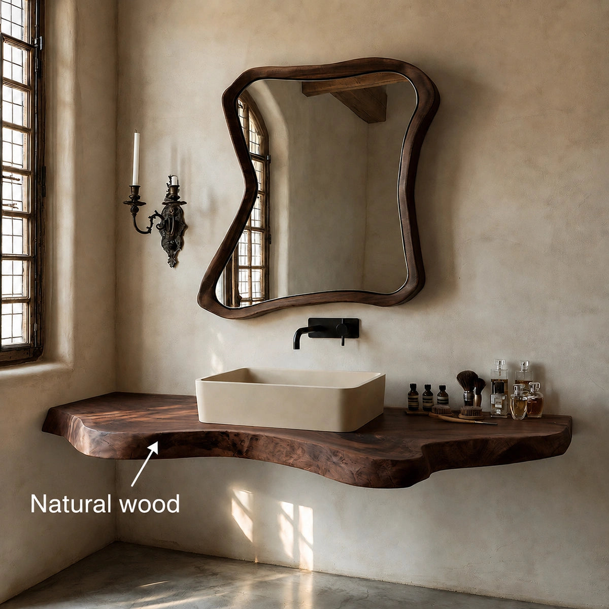 Natural Solid Wood Floating Bathroom Vanity with Sculptural Live Edge