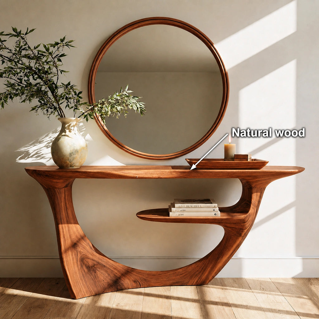 Sculptural Natural Solid Wood Console Table with Integrated Display Shelf