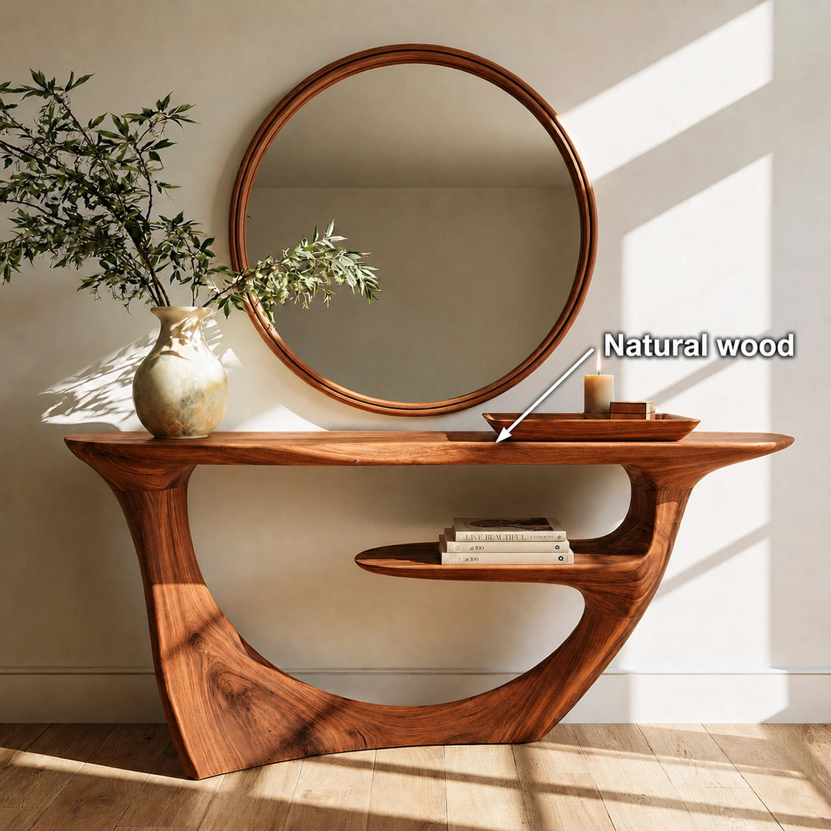 Sculptural Natural Solid Wood Console Table with Integrated Display Shelf