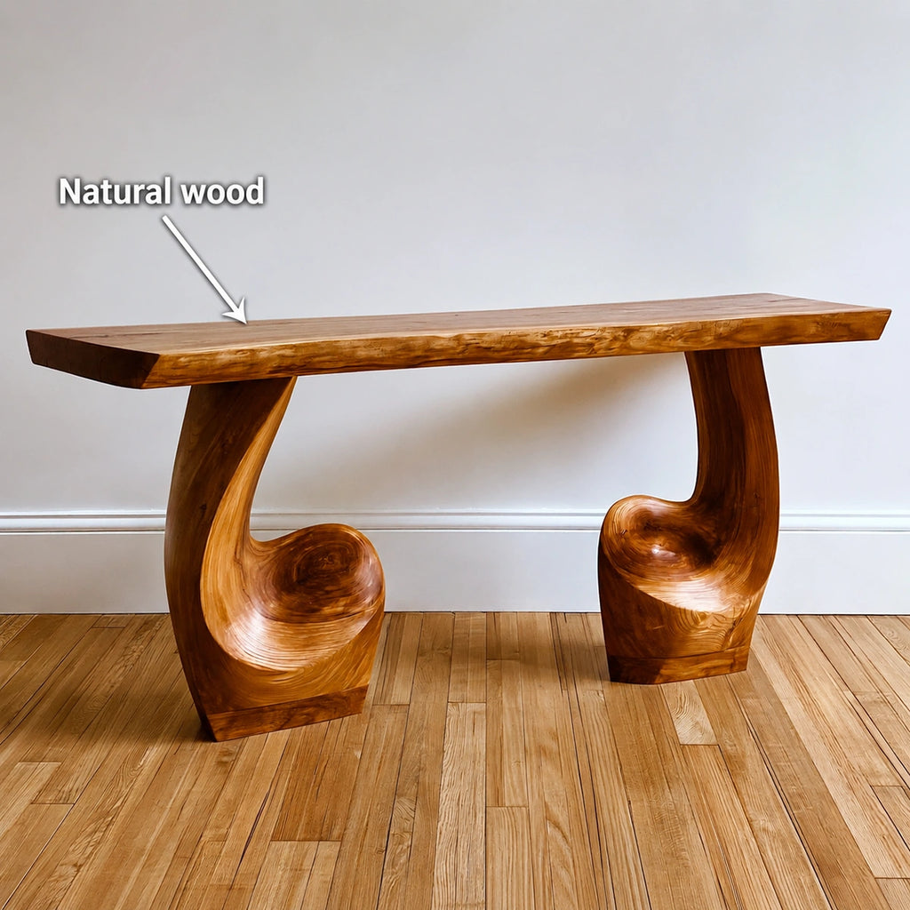 Live Edge Natural Solid Wood Console Table with Sculptural Carved Pedestal Base