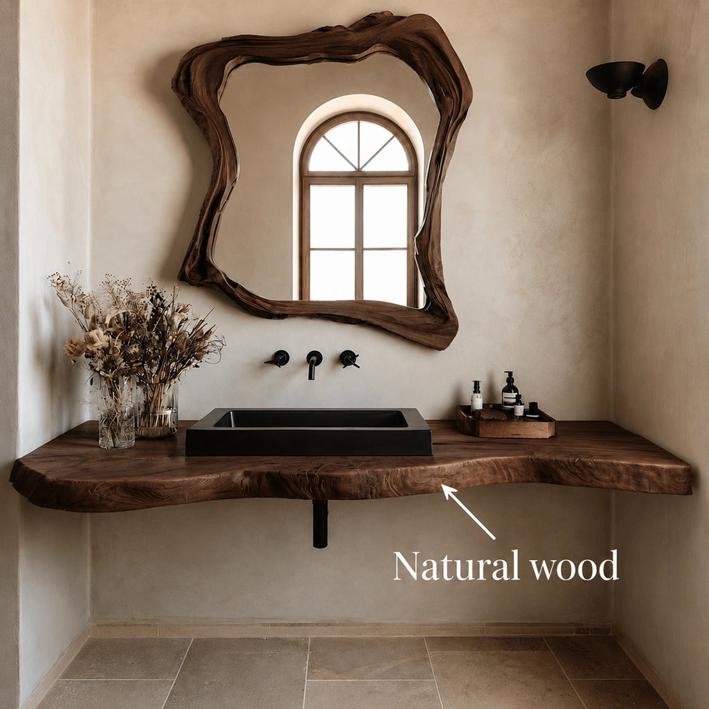 Natural Solid Wood Floating Bathroom Vanity with Hand Sculpted Live Edge