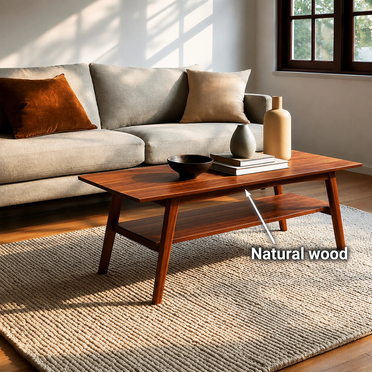 Natural Solid Wood Coffee Table with Lower Shelf and Tapered Legs