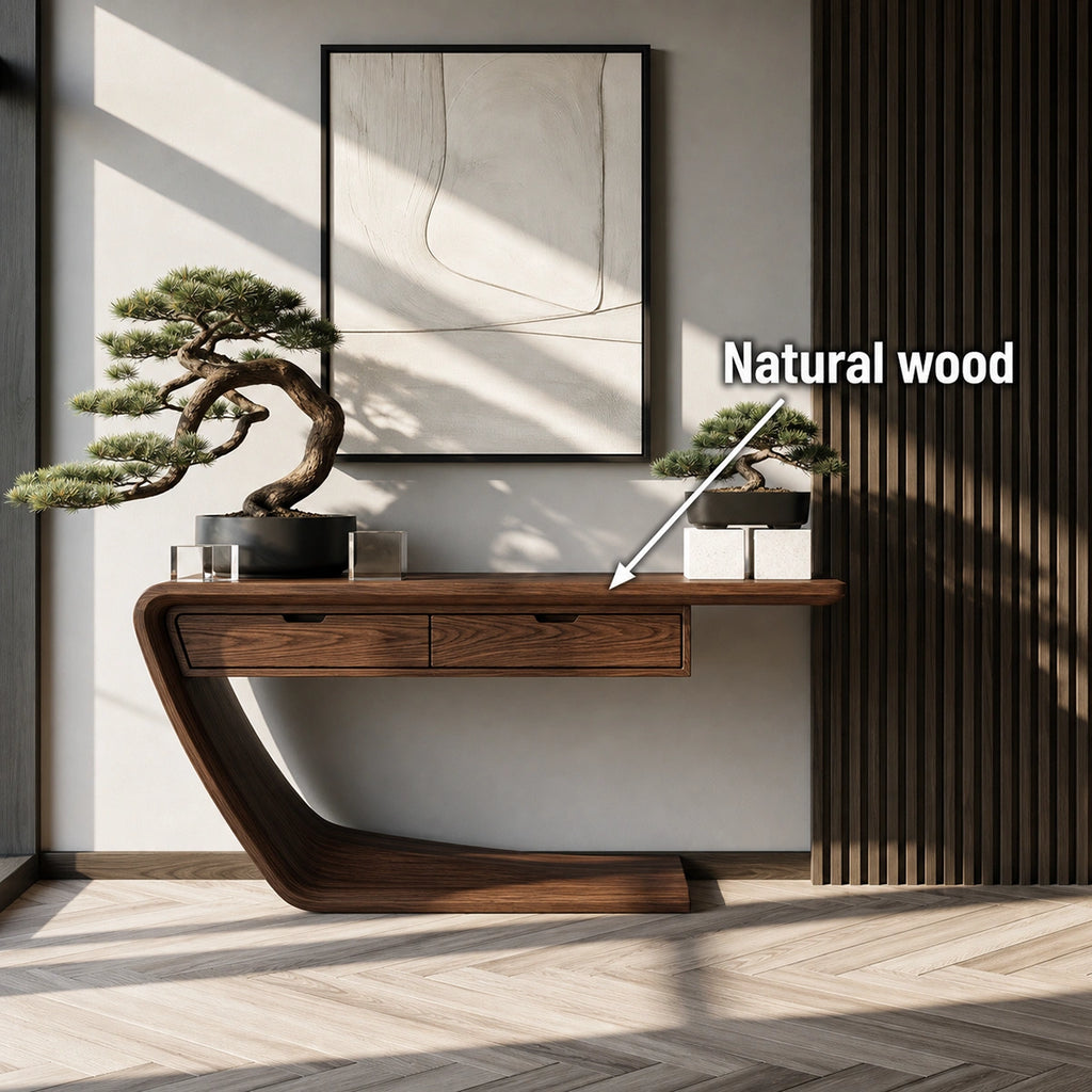 Floating Curve Natural Solid Wood Console Table with Dual Drawers