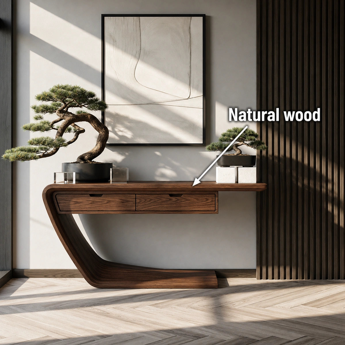 Floating Curve Natural Solid Wood Console Table with Dual Drawers