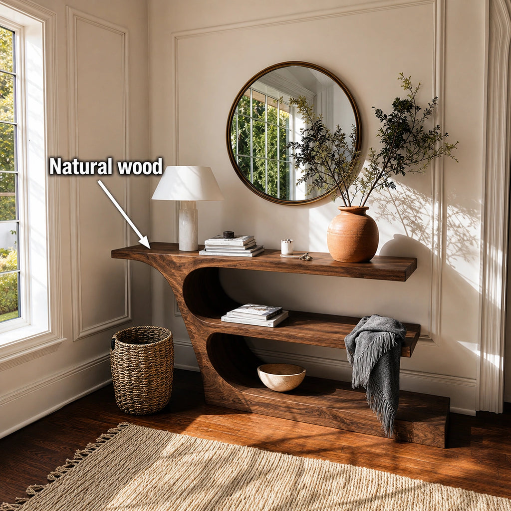 Natural Solid Wood Console Table with Sculptural Open Shelf Design
