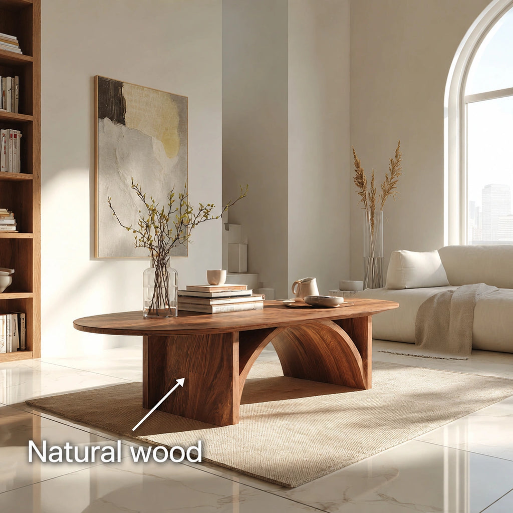 Natural Solid Wood Oval Coffee Table with Sculptural Arch Base