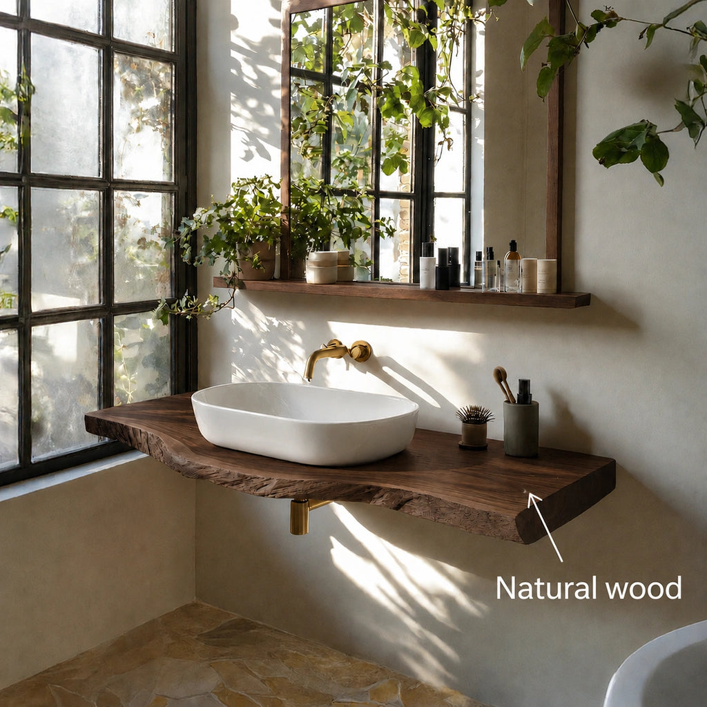Natural Solid Wood Floating Bathroom Vanity with Sculptural Live Edge Top