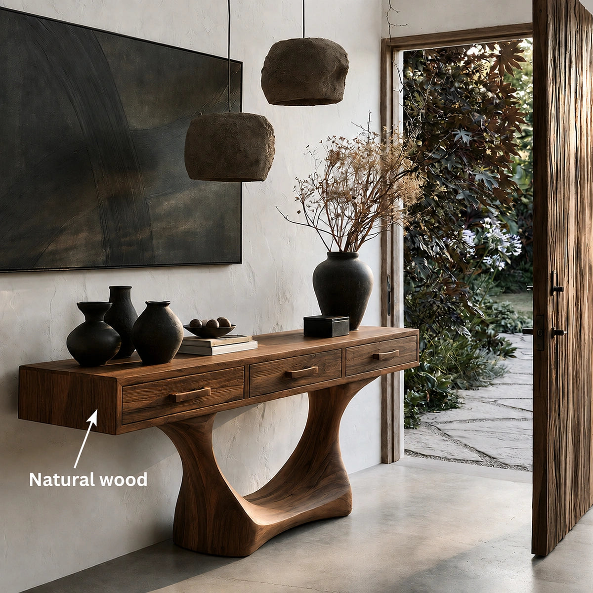 Natural Solid Wood Console Table with Three Drawers and Sculptural Pedestal Base