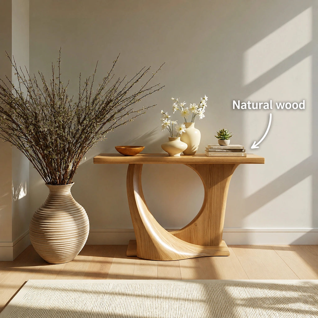 Natural Solid Wood Console Table with Sculptural Circle Base