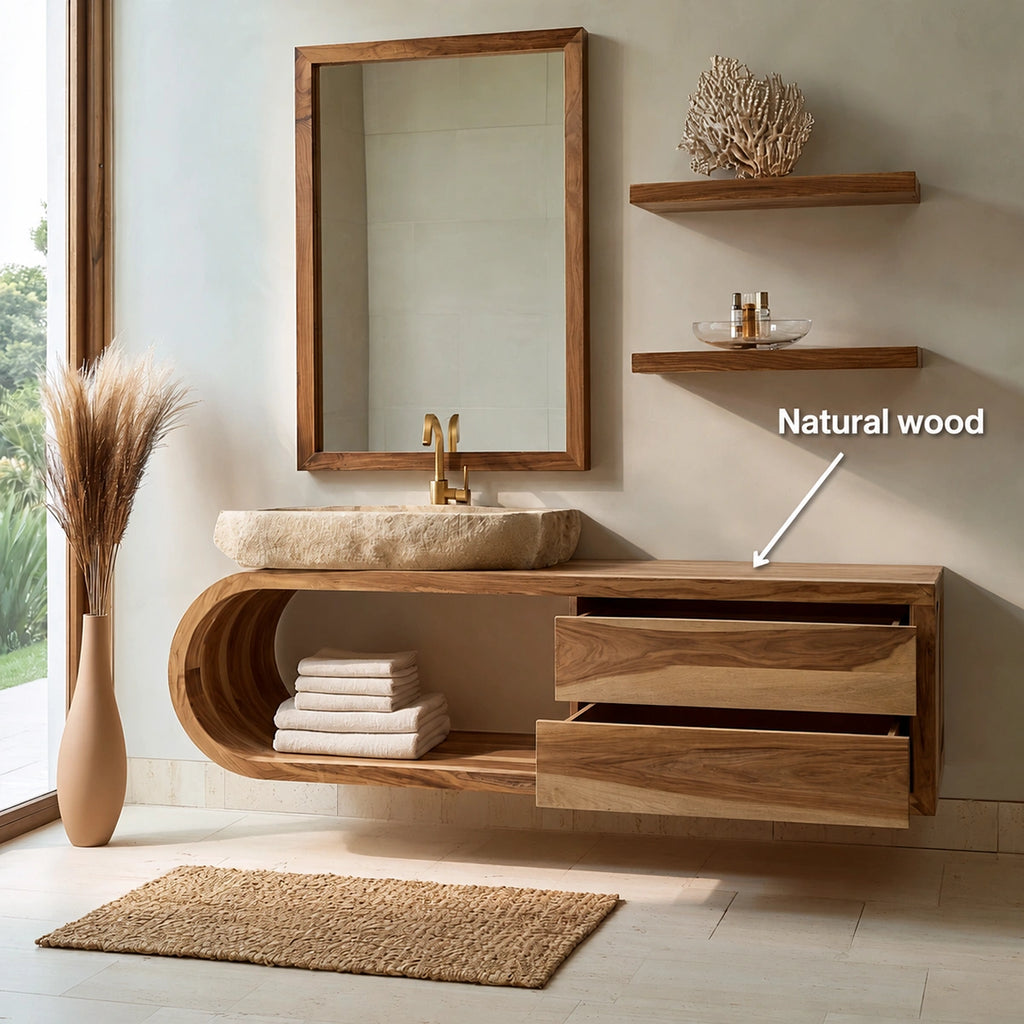 Natural Solid Wood Bathroom Cabinet with 4 Drawers – Wave Front Modern Style