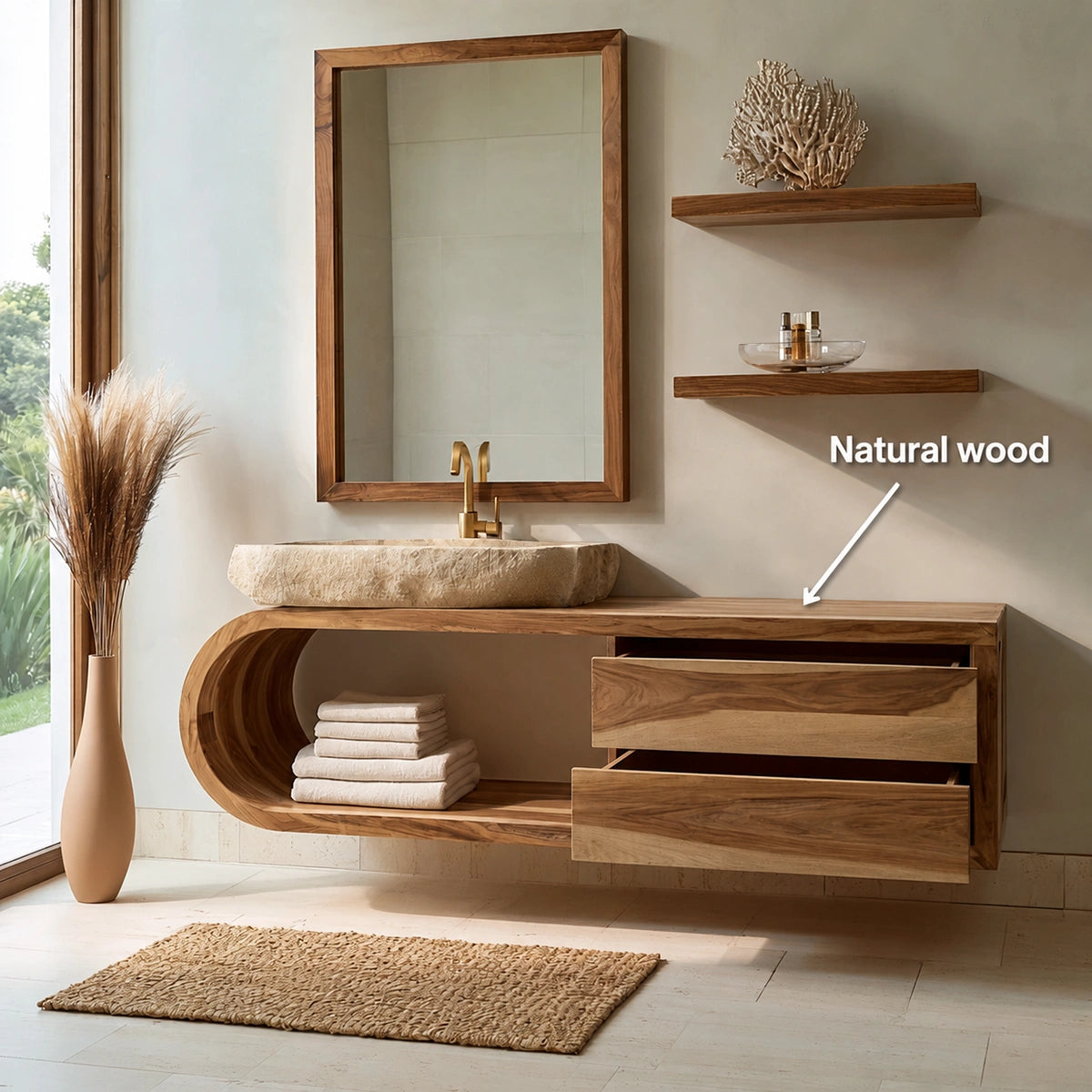 Natural Solid Wood Bathroom Cabinet with 4 Drawers – Wave Front Modern Style