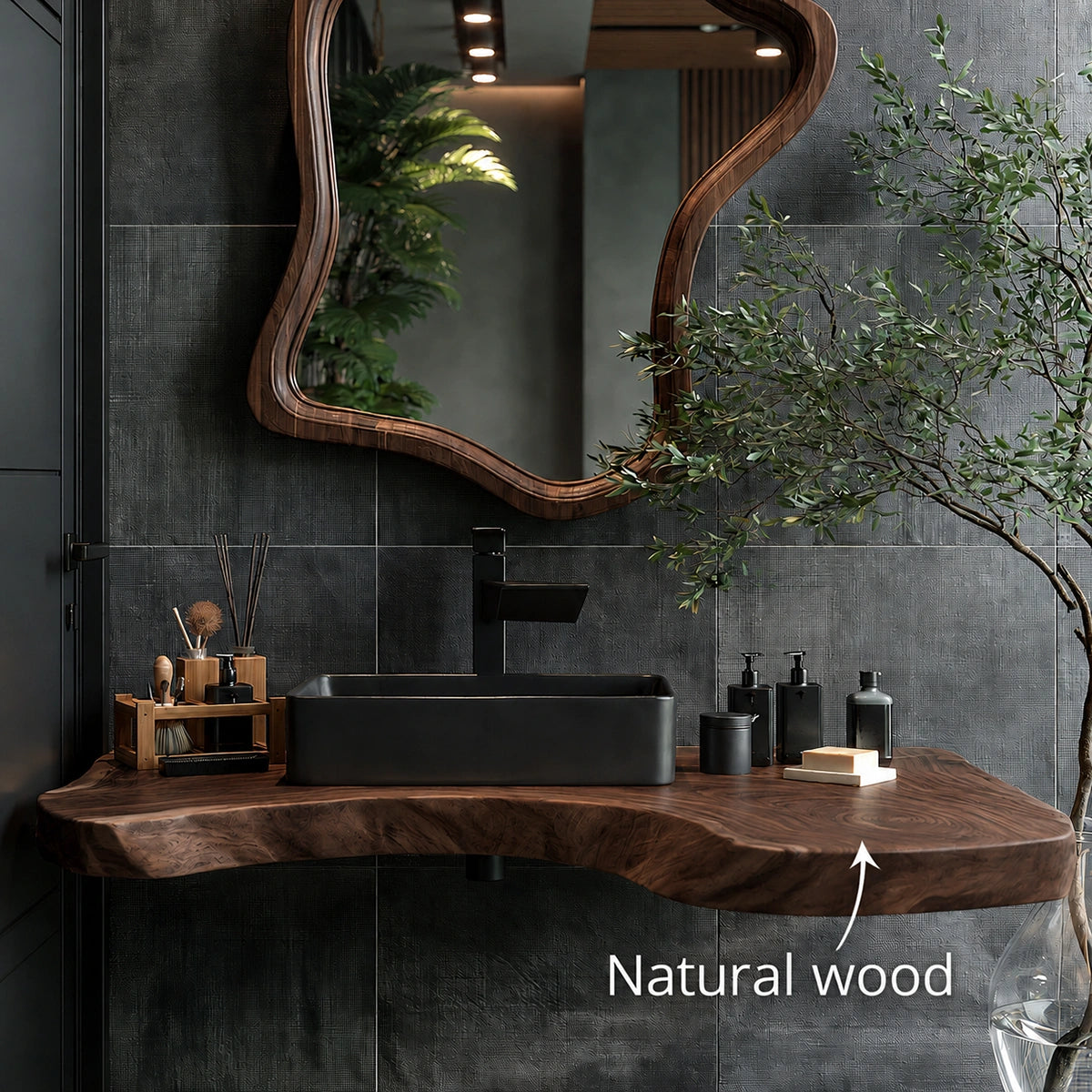 Natural Solid Wood Floating Bathroom Vanity with Sculptural Edge