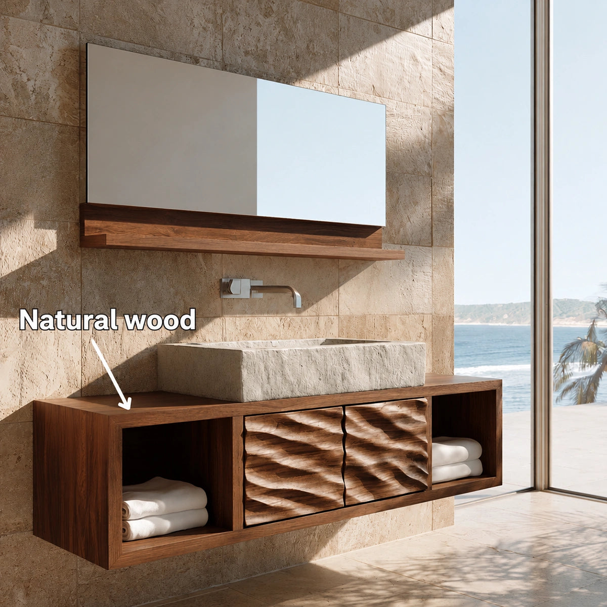 Natural Solid Wood Floating Bathroom Cabinet with 2 Doors and Open Shelf