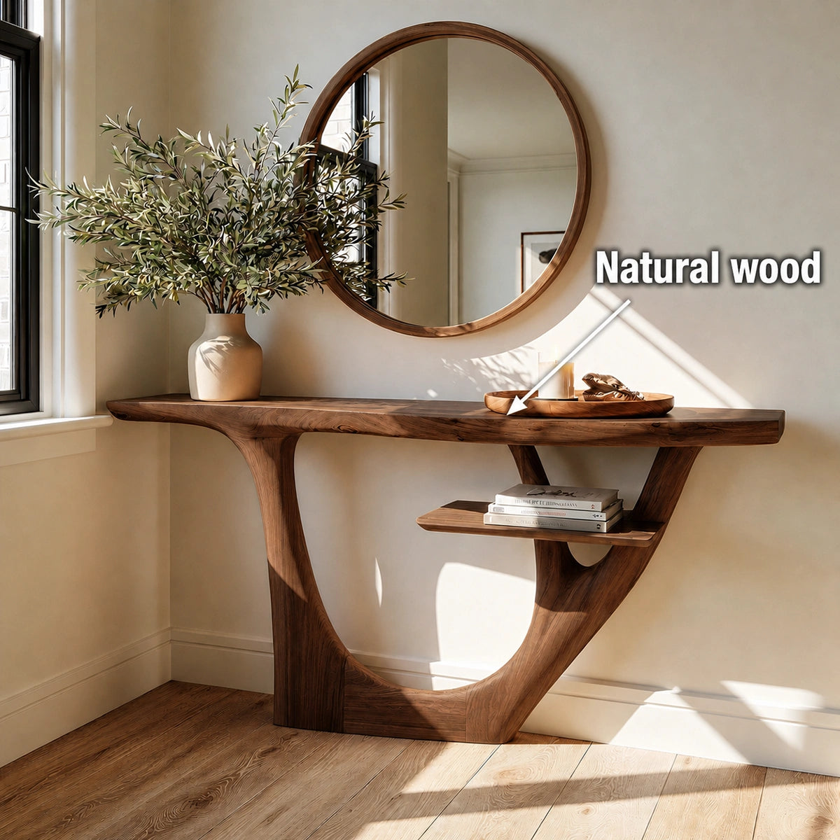 Natural Solid Wood Console Table with Sculptural Open Frame and Display Shelf