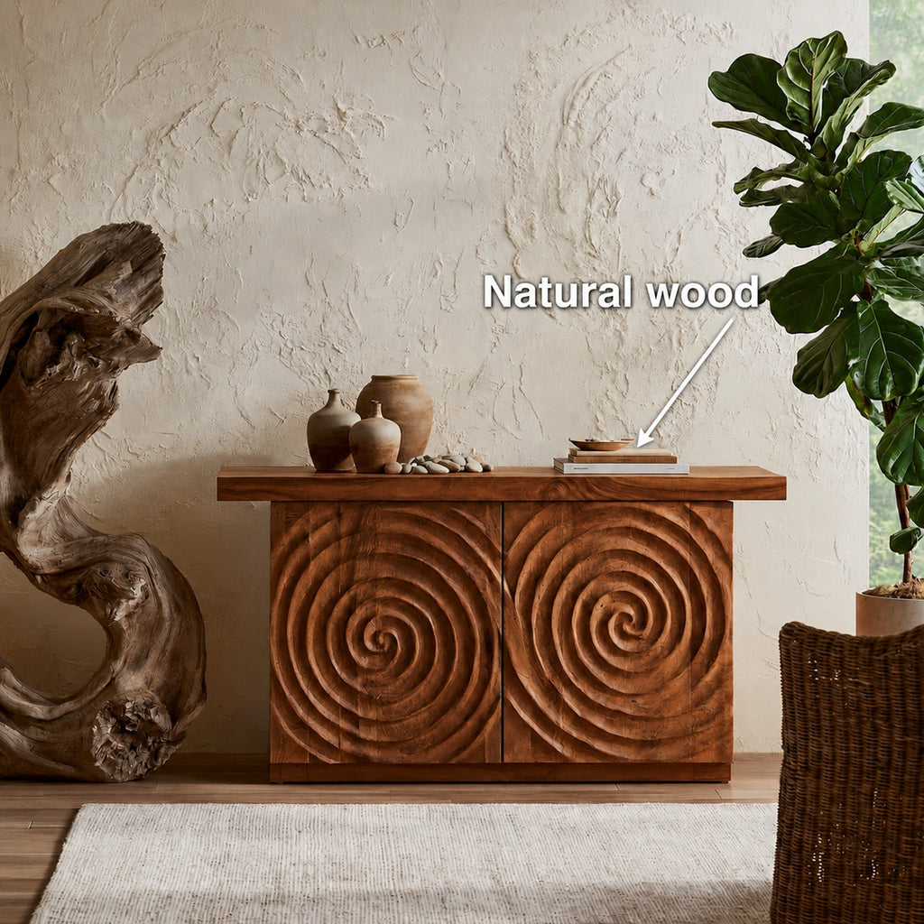 Spiral Carved Natural Solid Wood Sideboard Cabinet with Concealed Storage