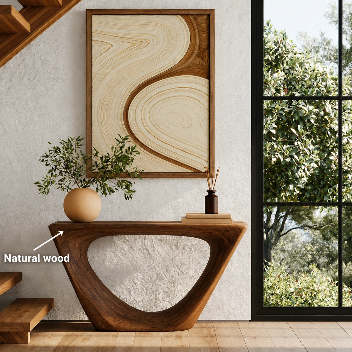 Sculptural Natural Solid Wood Console Table with Open Geometric Base
