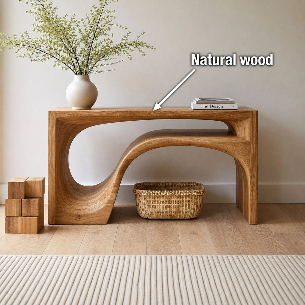 Flow Arch Natural Solid Wood Console Table with Open Storage Shelf
