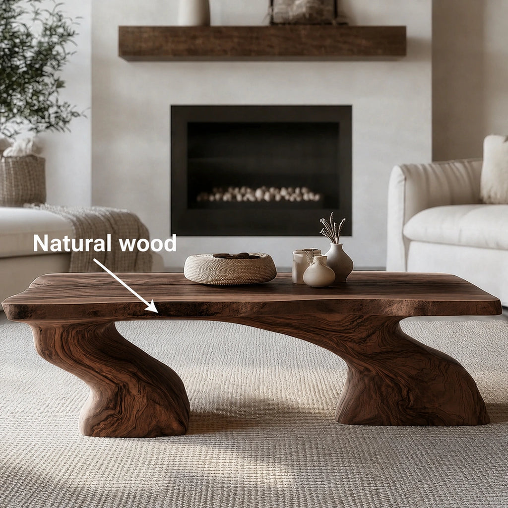 Natural Solid Wood Coffee Table with Sculptural Curved Base