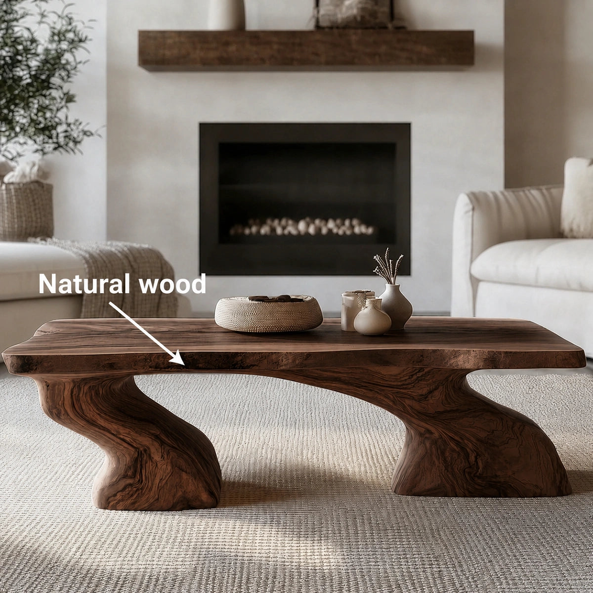 Natural Solid Wood Coffee Table with Sculptural Curved Base