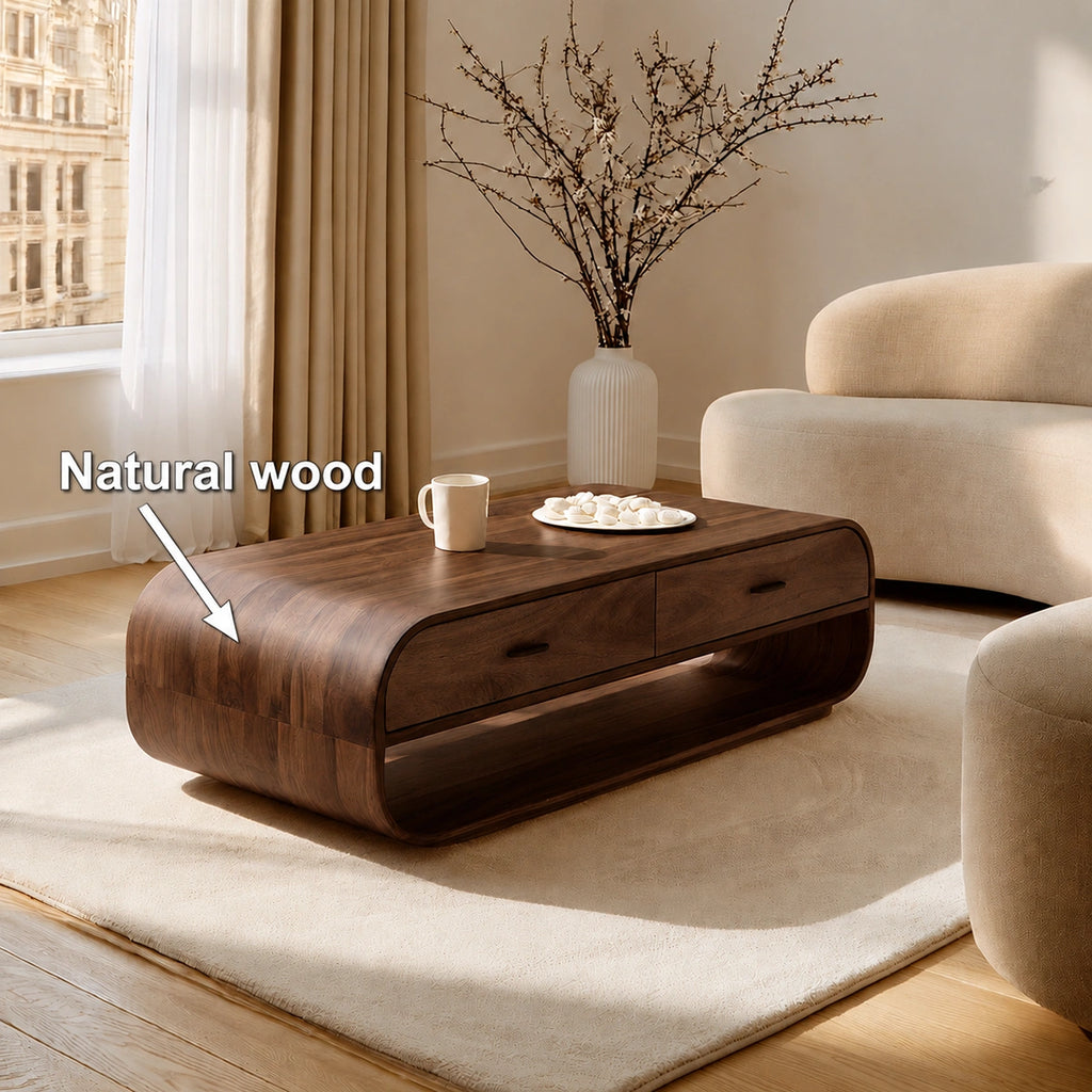 Natural Solid Wood Coffee Table with 2 Drawers – Rounded Modern Style