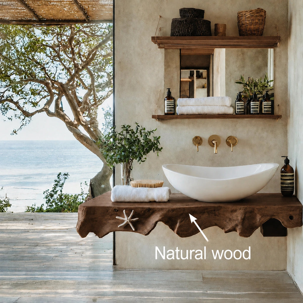 Natural Solid Wood Floating Bathroom Vanity with Sculptural Root Edge Slab