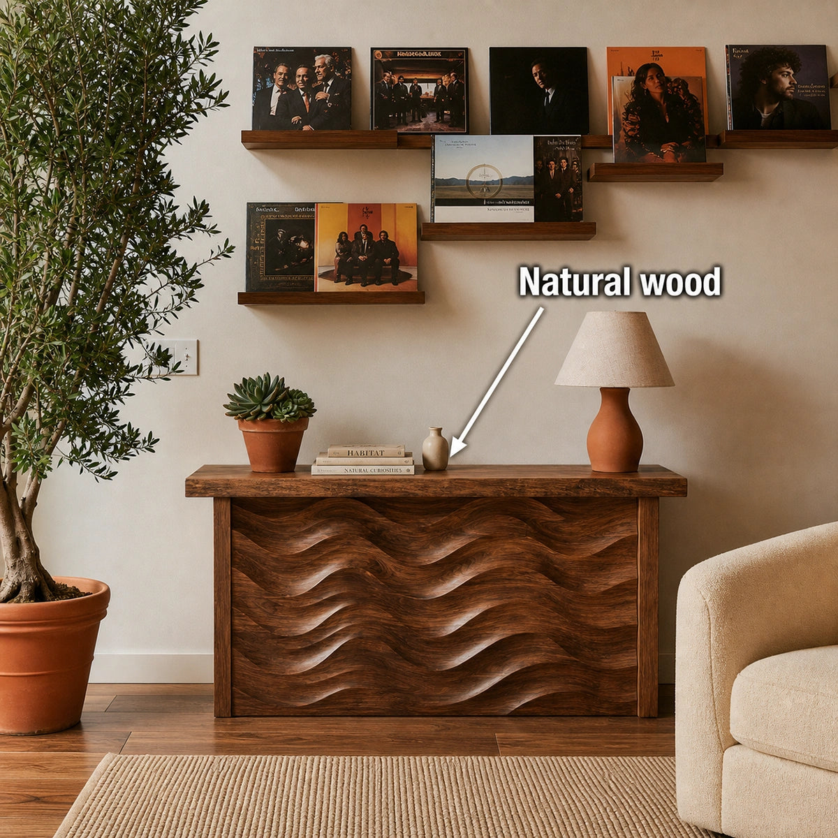 Wave Front Natural Solid Wood Sideboard Cabinet with Concealed Storage