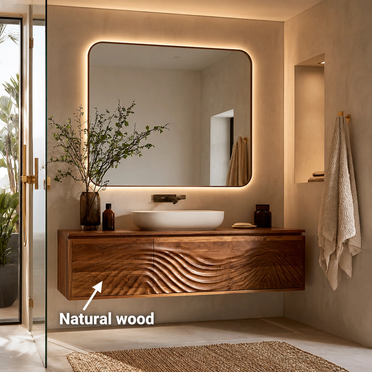 Natural Solid Wood Bathroom Cabinet – Wave Front Modern Style