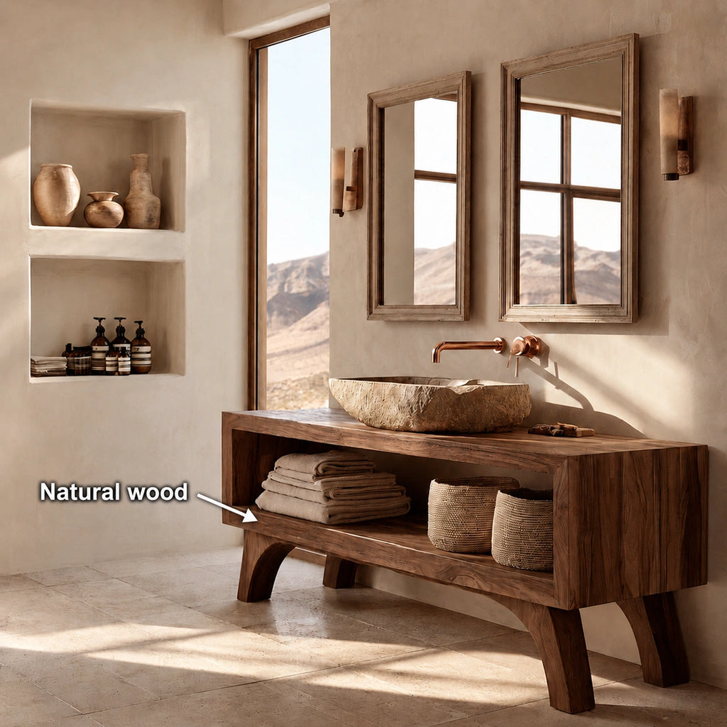 Natural Solid Wood Bathroom Vanity with Open Shelf – Rustic Wabi Sabi Style