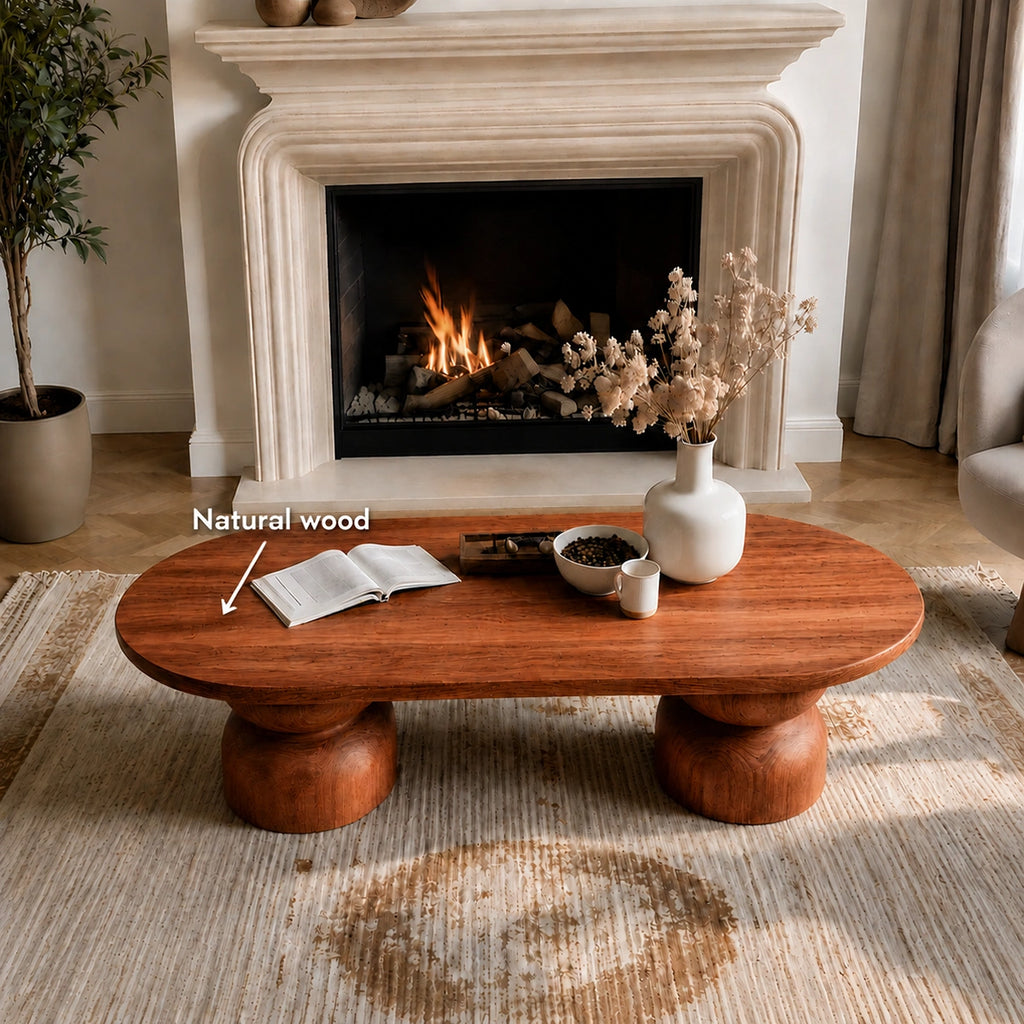 Natural Solid Wood Oval Coffee Table with Sculptural Hourglass Pedestal Legs