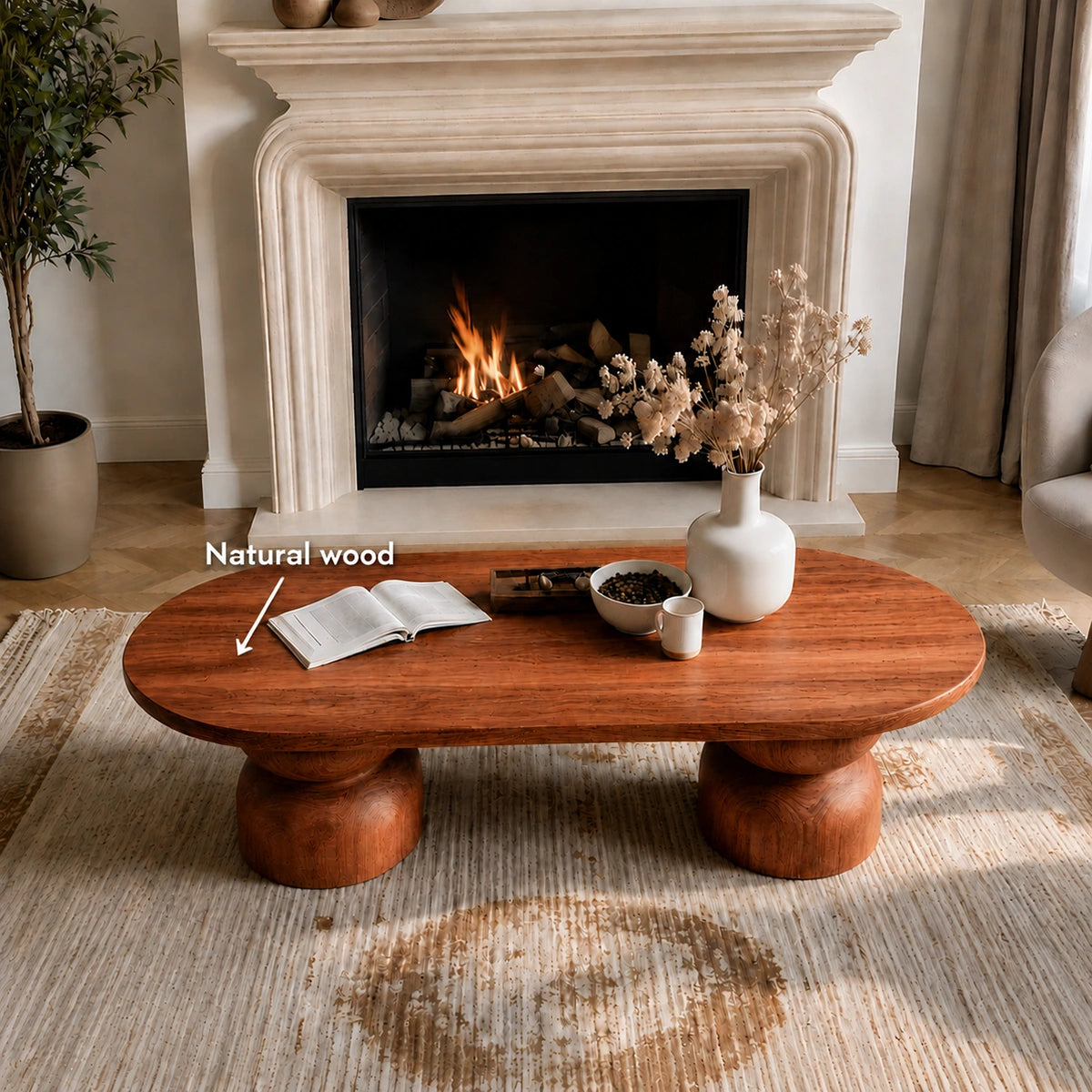 Natural Solid Wood Oval Coffee Table with Sculptural Hourglass Pedestal Legs