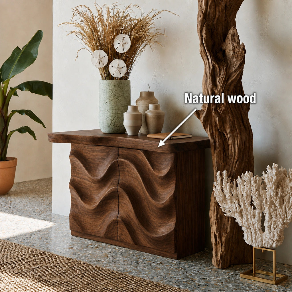 Wave Front Natural Solid Wood Sideboard Cabinet with Hidden Storage