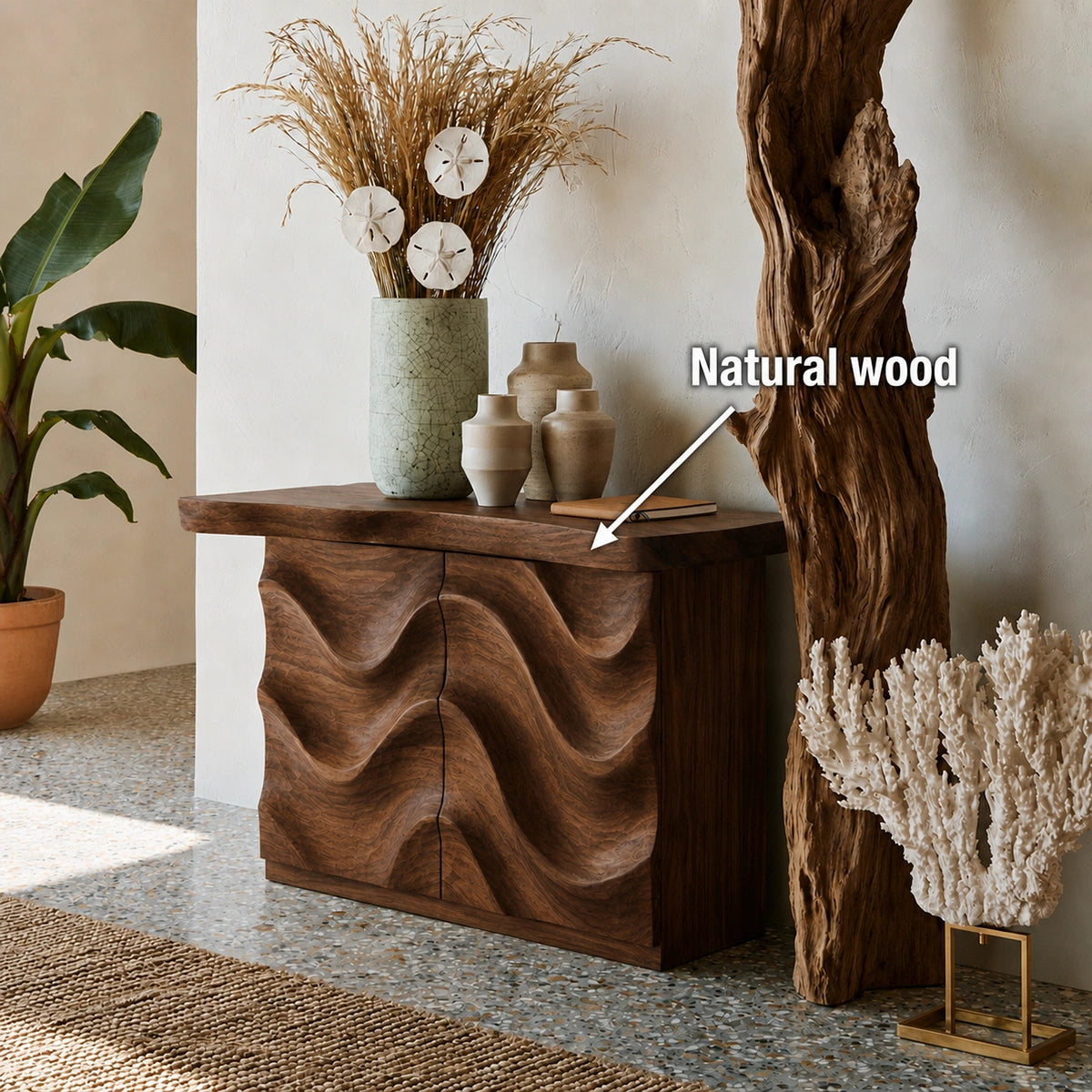 Wave Front Natural Solid Wood Sideboard Cabinet with Hidden Storage