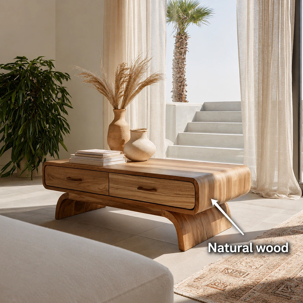 Natural Solid Wood Coffee Table with 2 Drawers – Rounded Japandi Style