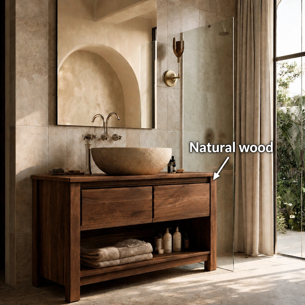 Natural Solid Wood Bathroom Vanity with 2 Drawers and Open Shelf