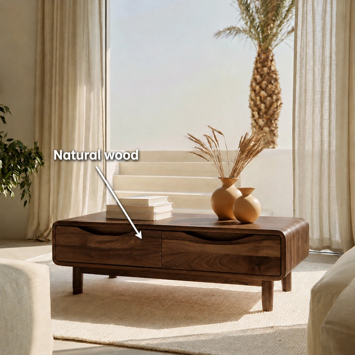 Rounded Natural Solid Wood Coffee Table with Two Storage Drawers