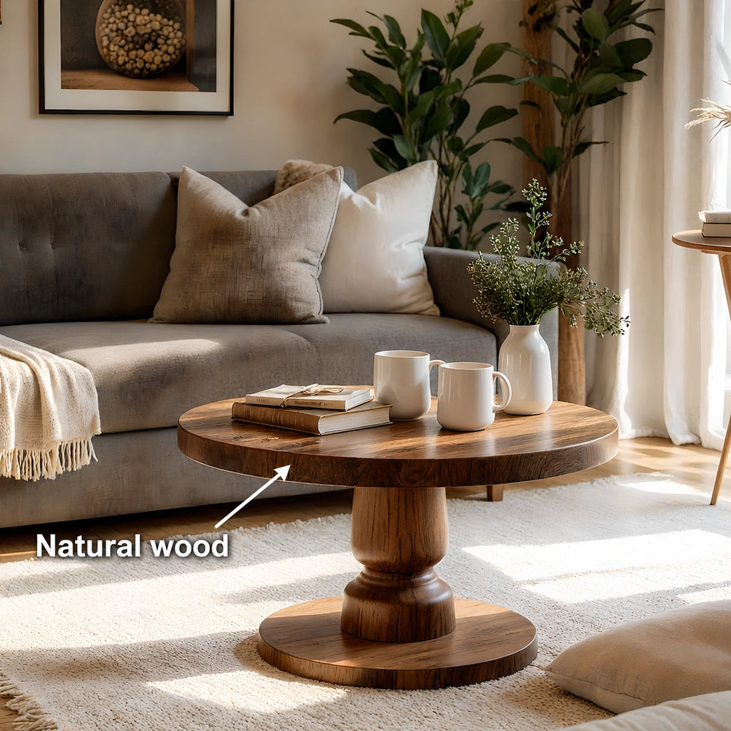 Natural Solid Wood Round Coffee Table – Sculptural Pedestal Style