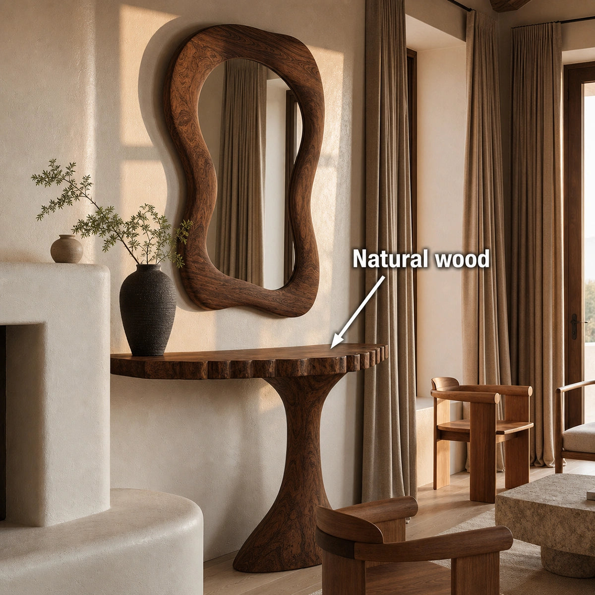 Pedestal Natural Solid Wood Console Table with Sculpted Edge